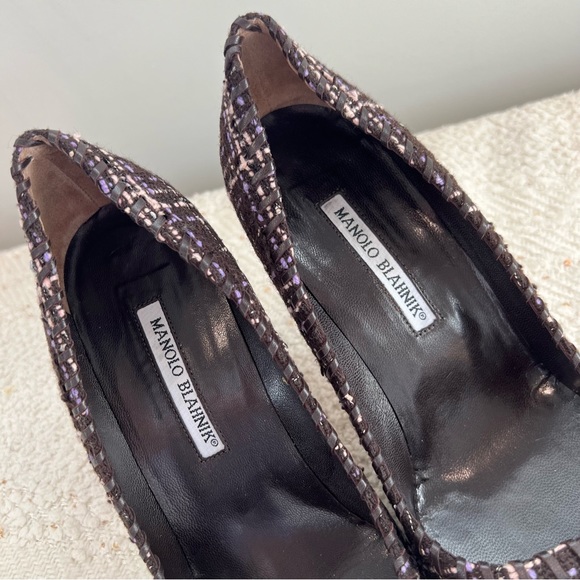 Manolo Blahnik Heels BB Tweed Brown Purple Pink Pointed Toe Dress Shoes 8.5 - Picture 7 of 7